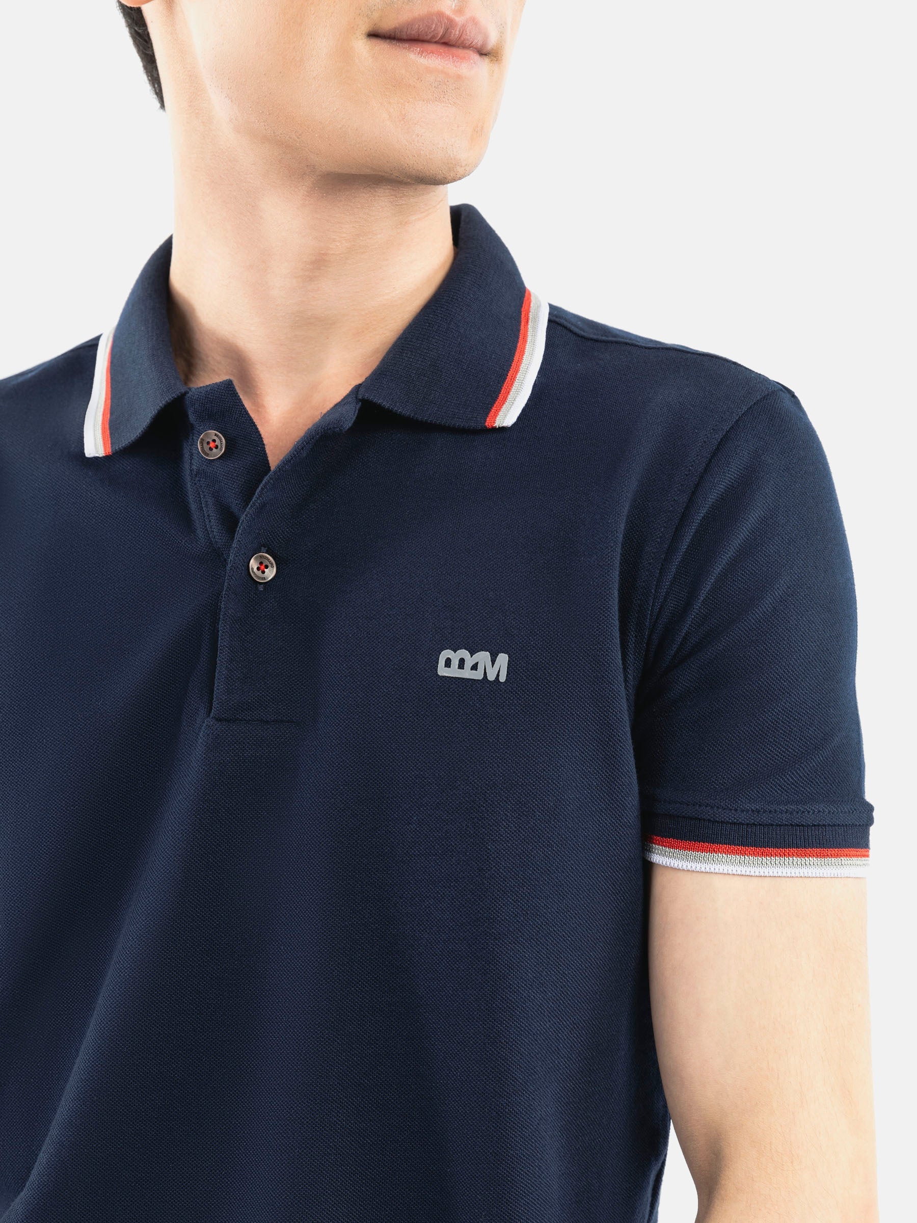 Navy Blue Pique Polo With Tipping Collar
