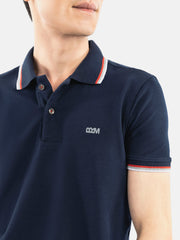 Navy Blue Pique Polo With Tipping Collar