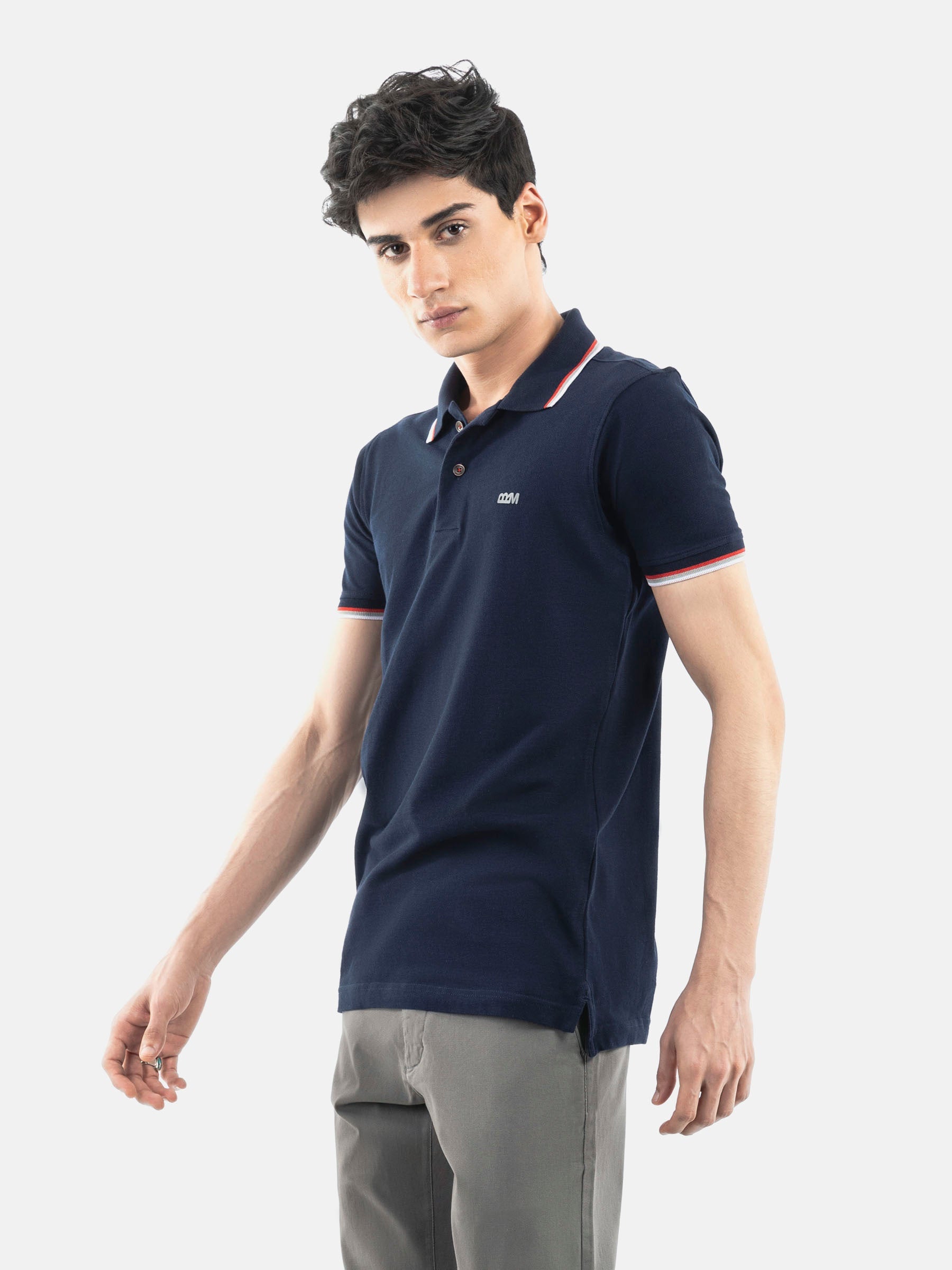 Navy Blue Pique Polo With Tipping Collar