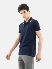 Navy Blue Pique Polo With Tipping Collar
