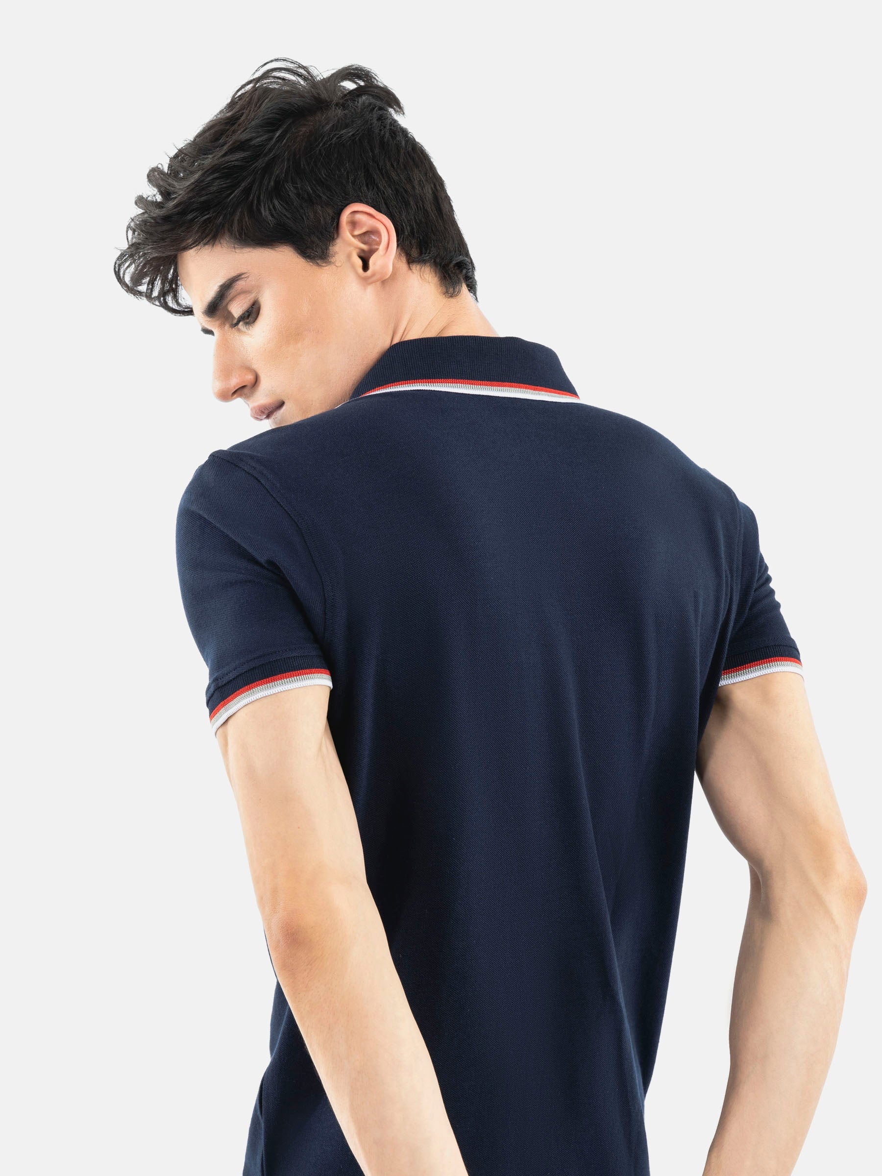Navy Blue Pique Polo With Tipping Collar