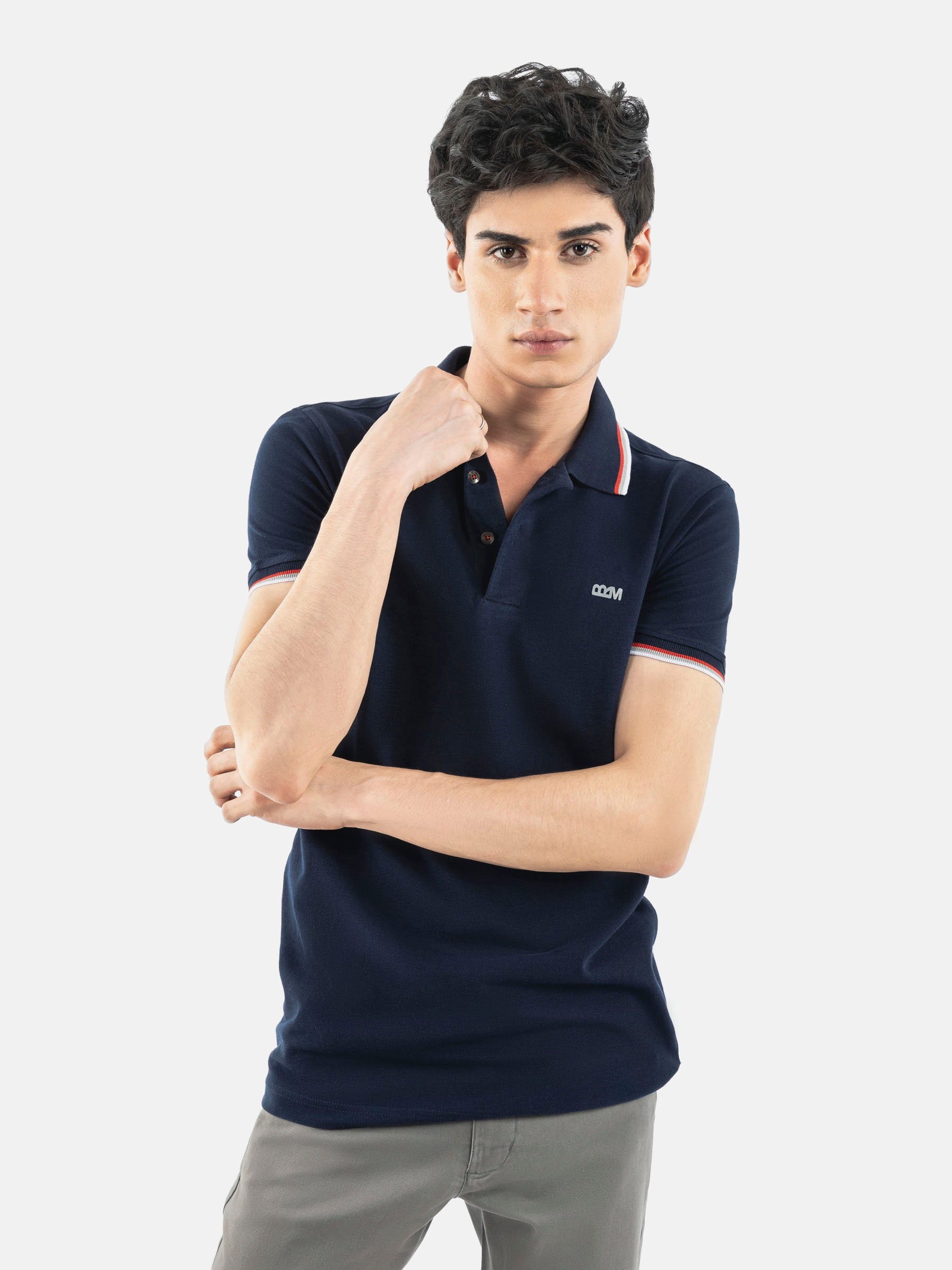 Navy Blue Pique Polo With Tipping Collar
