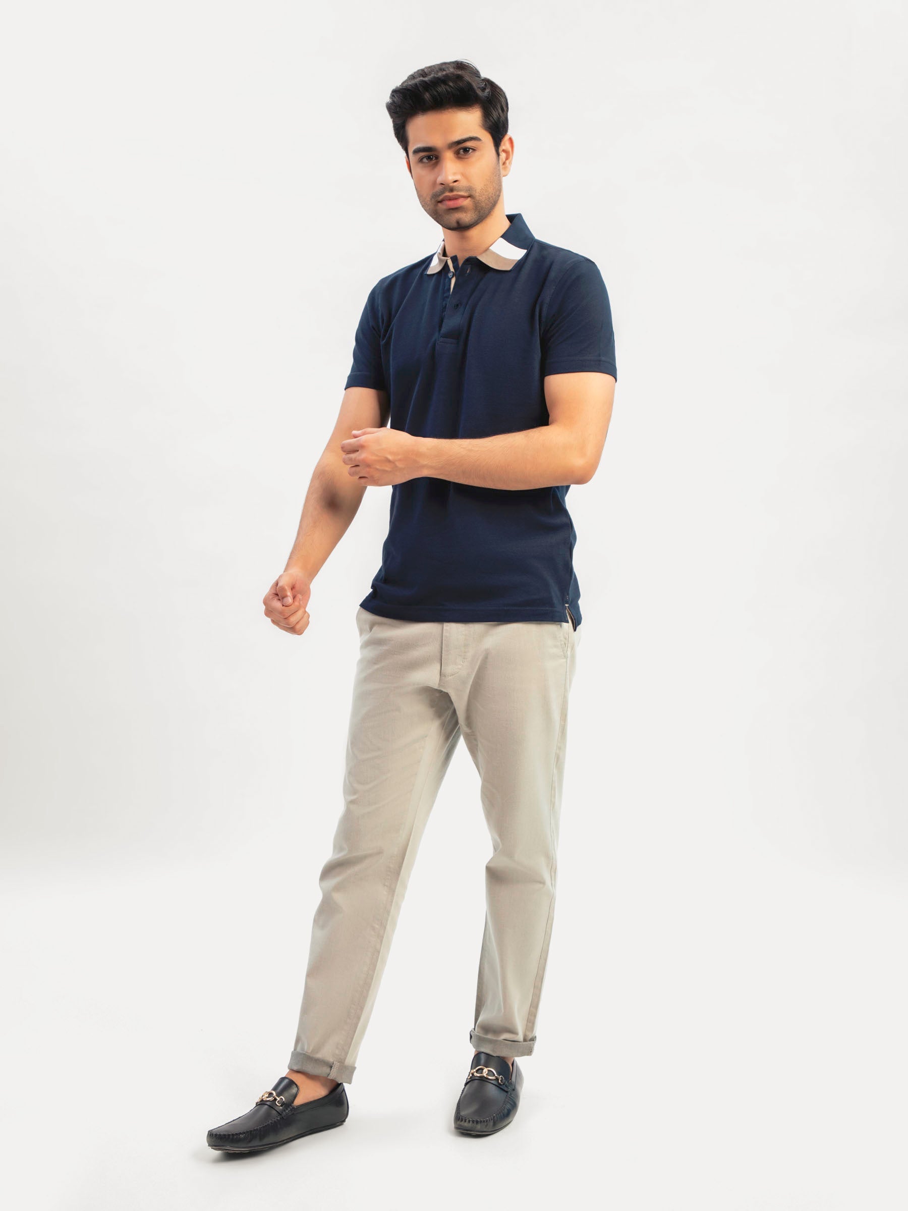 Navy Blue Polo With Sporty Brown Collar