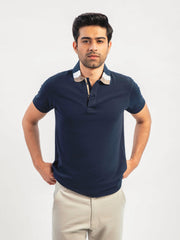 Navy Blue Polo With Sporty Brown Collar
