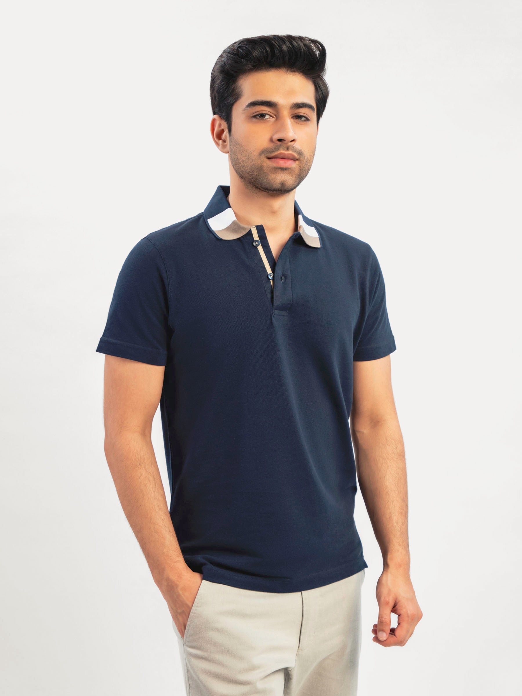 Navy Blue Polo With Sporty Brown Collar