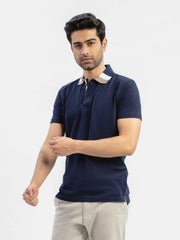Navy Blue Polo With Sporty Brown Collar