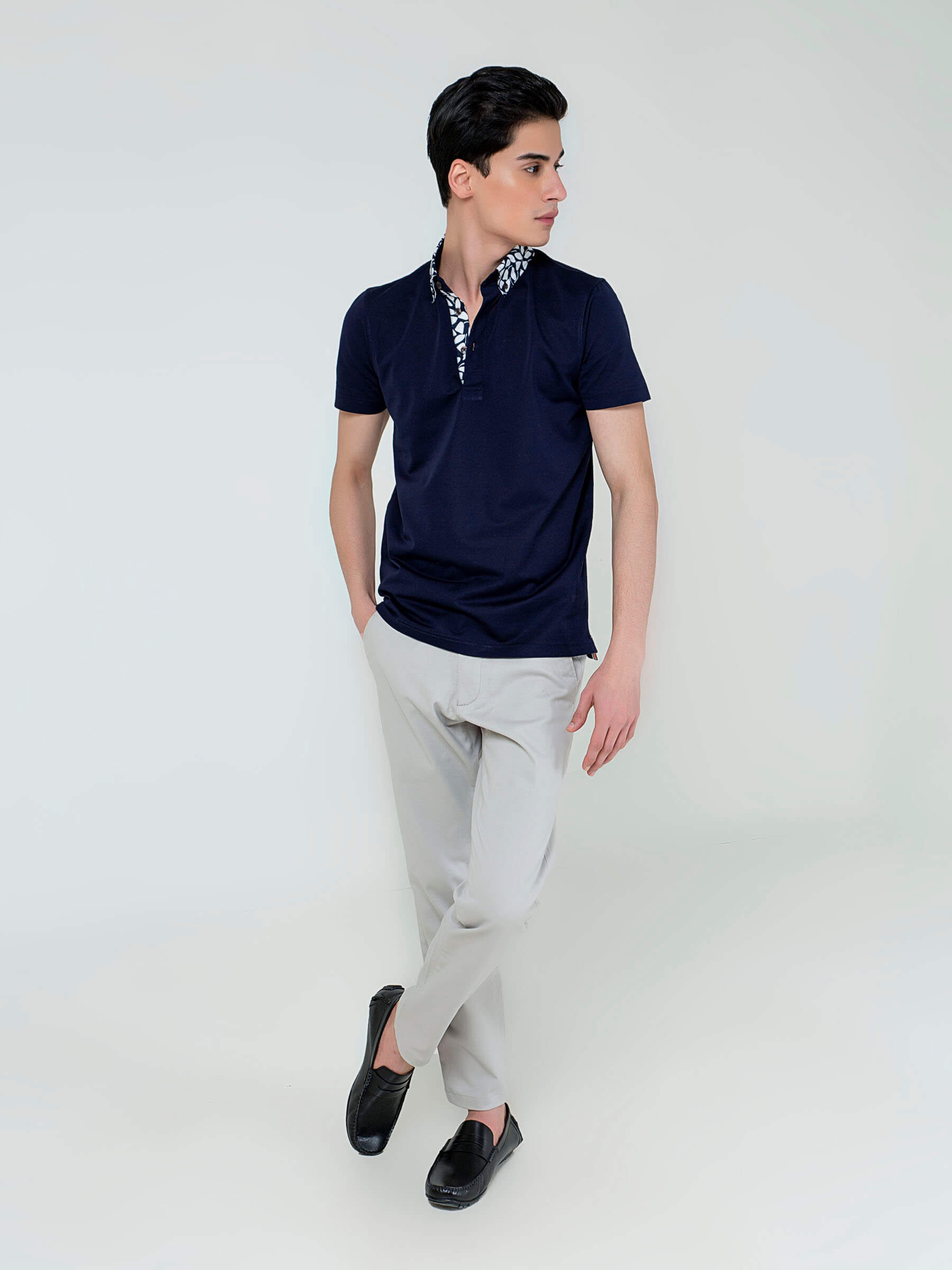 Navy Blue Polo With White Printed Collar