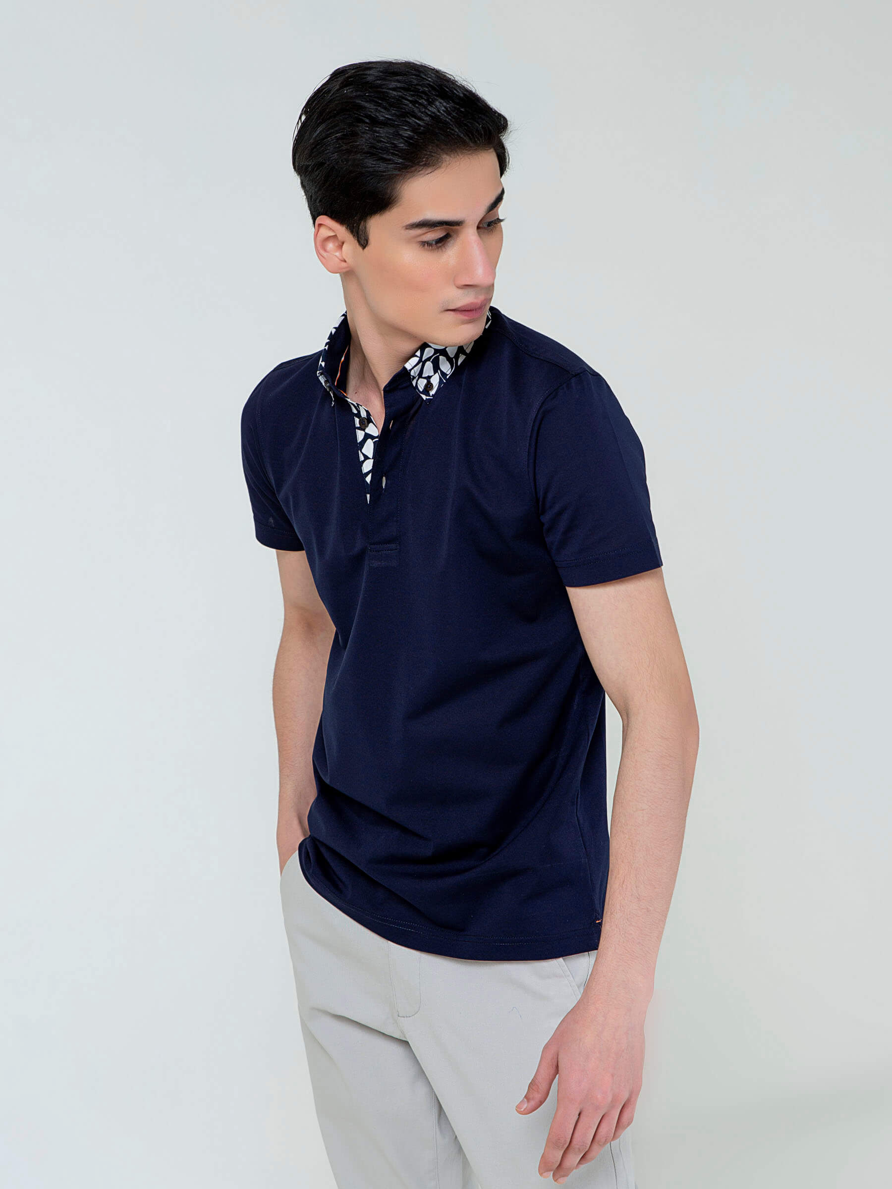 Navy Blue Polo With White Printed Collar