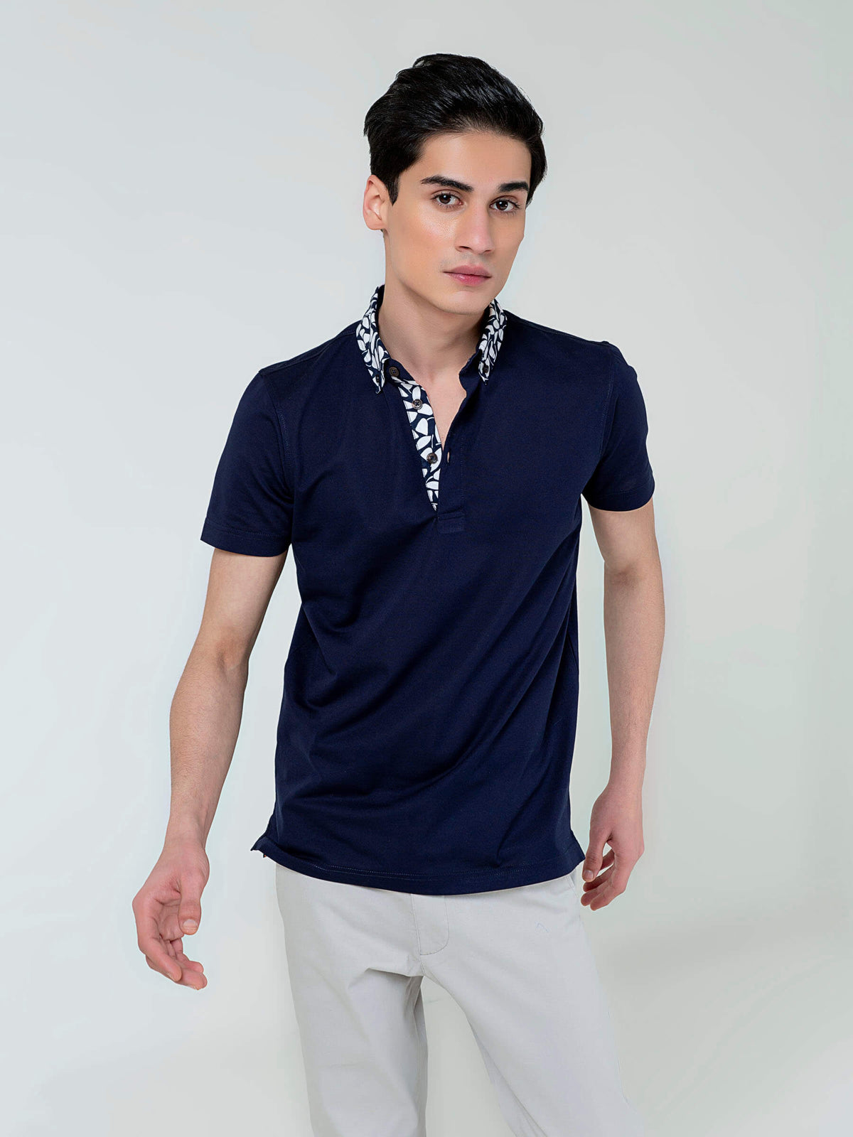 Navy Blue Polo With White Printed Collar