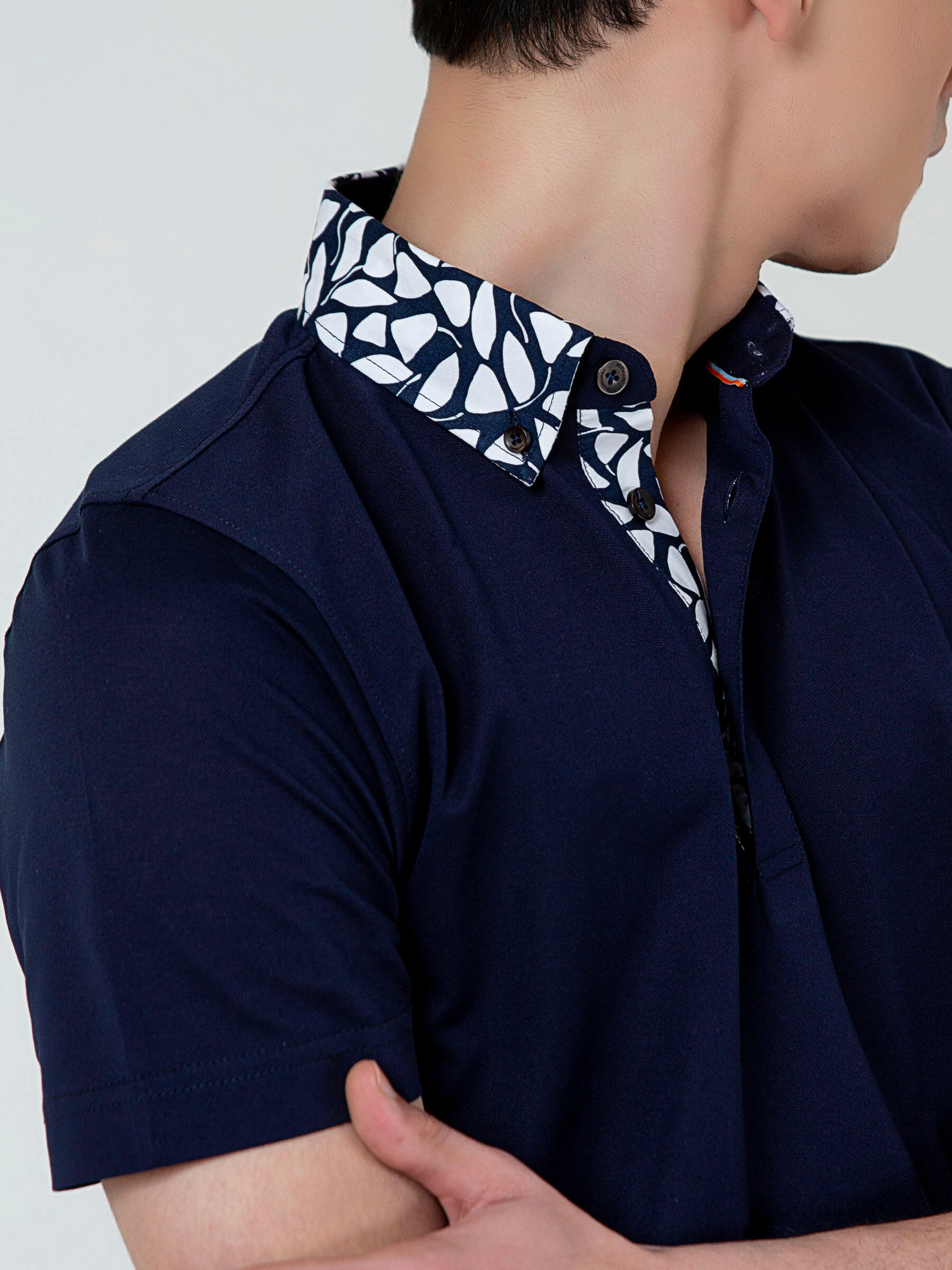 Navy Blue Polo With White Printed Collar
