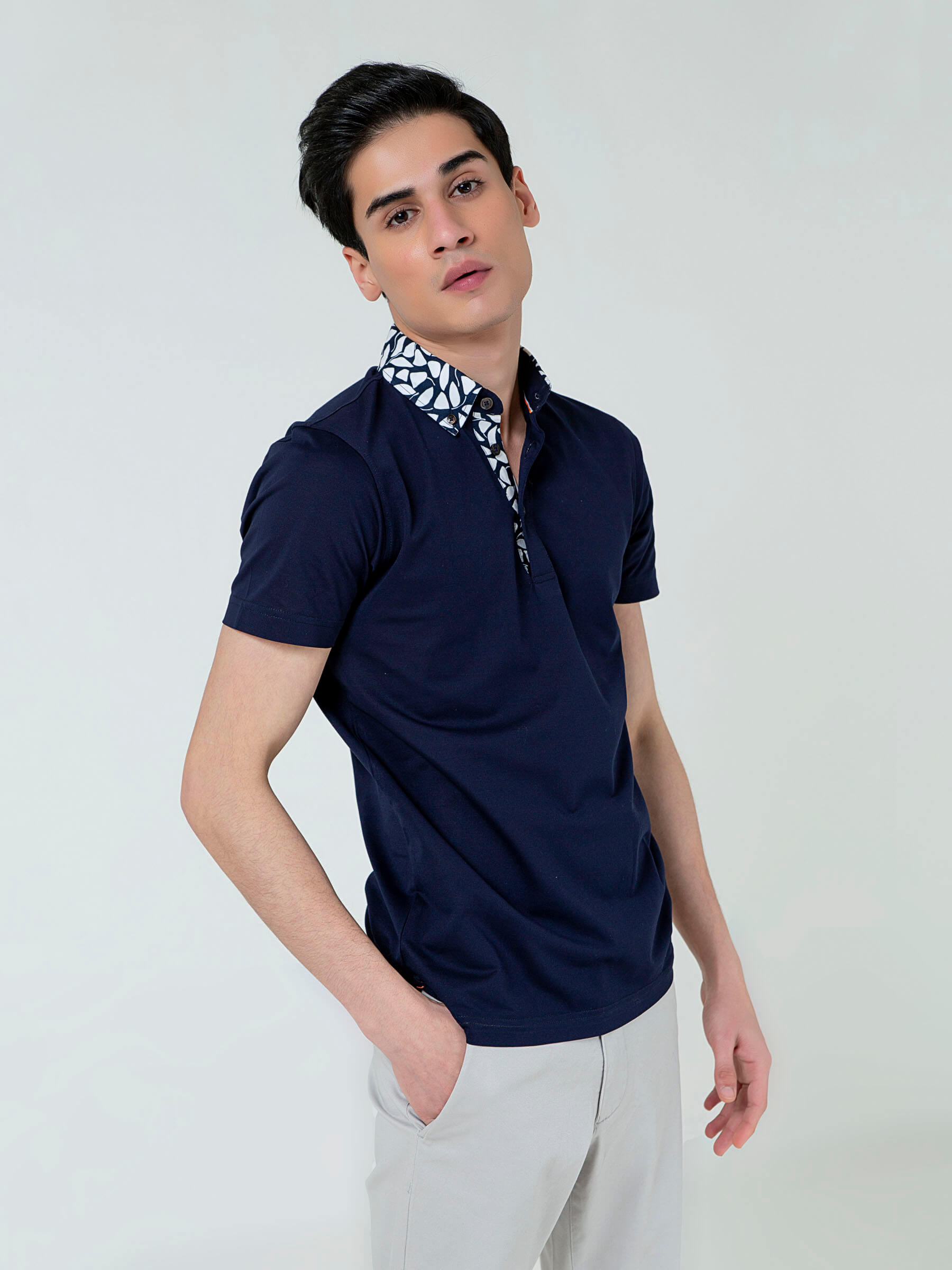 Navy Blue Polo With White Printed Collar