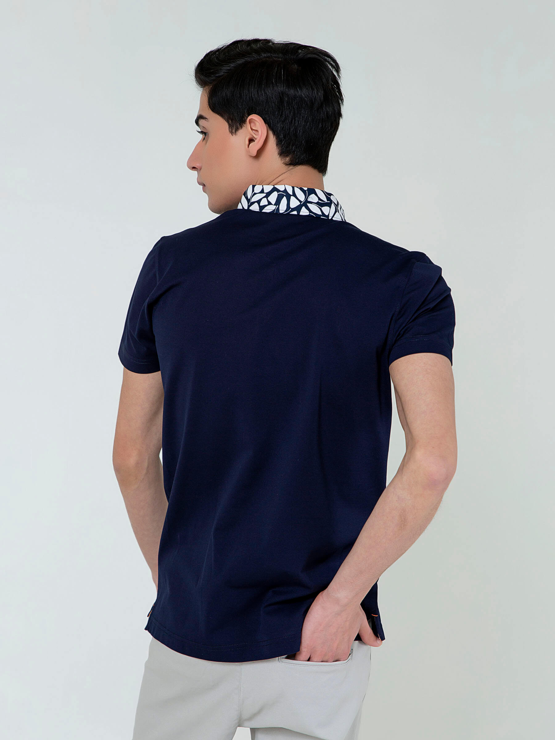 Navy Blue Polo With White Printed Collar