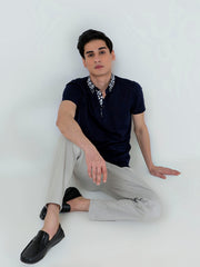 Navy Blue Polo With White Printed Collar