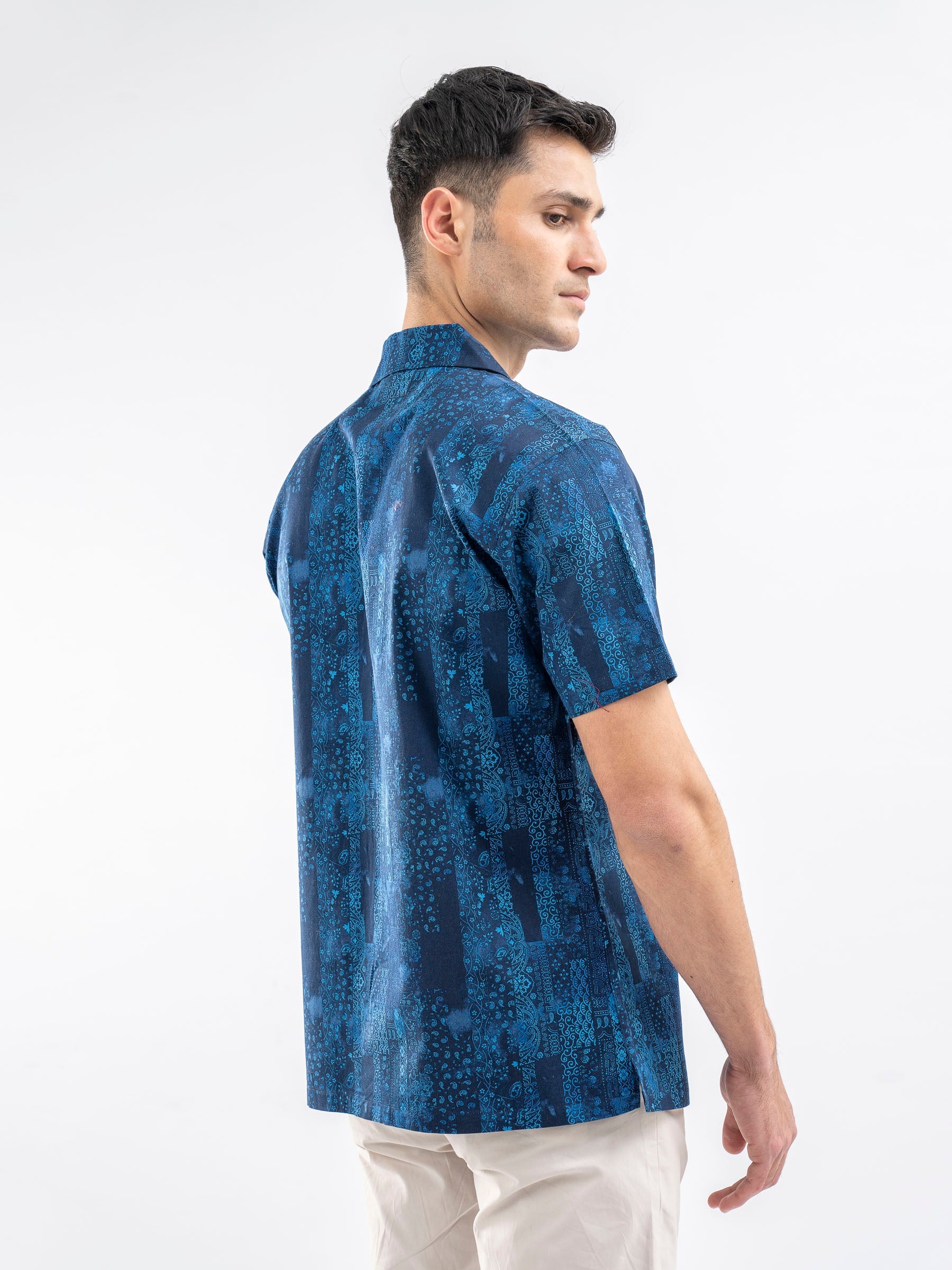 Navy Blue Printed Cuban Collar Shirt