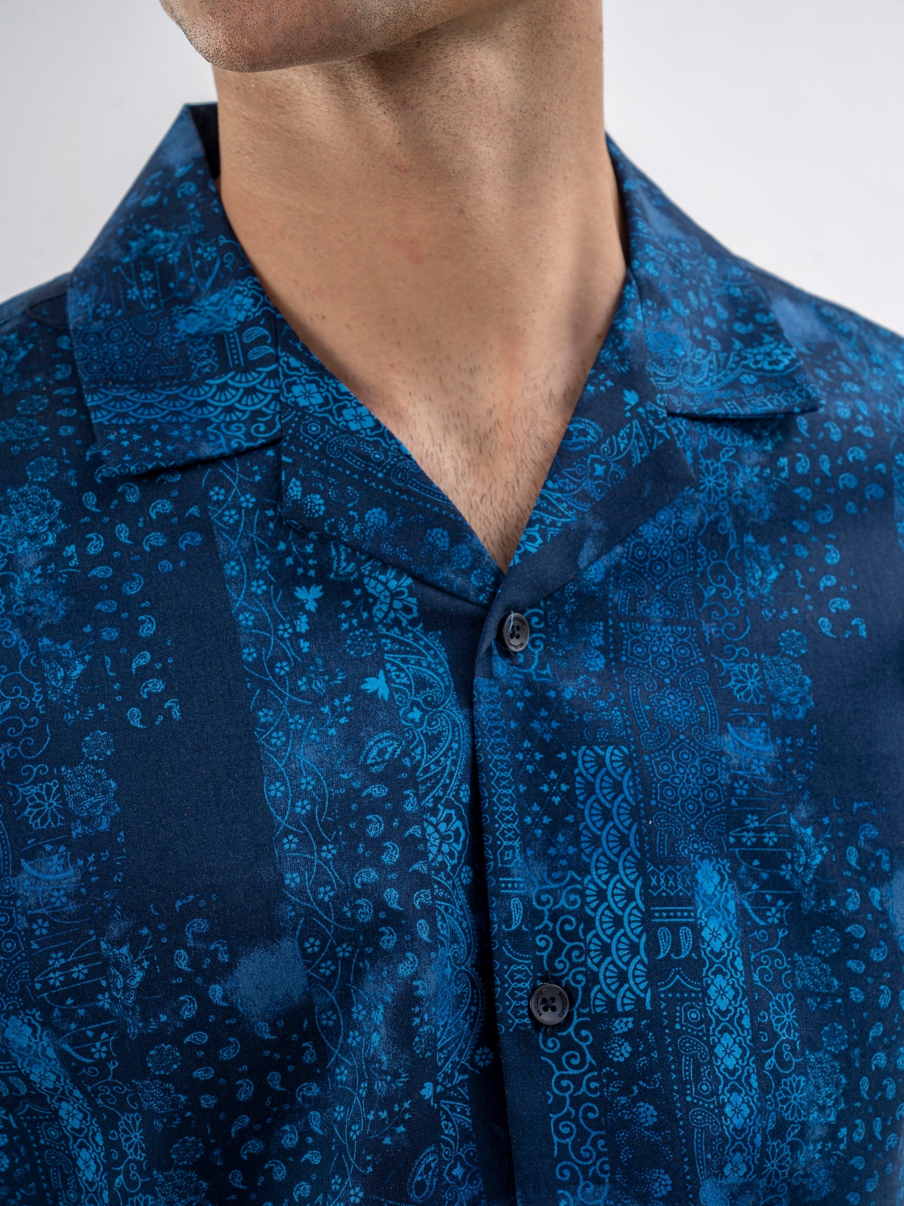 Navy Blue Printed Cuban Collar Shirt