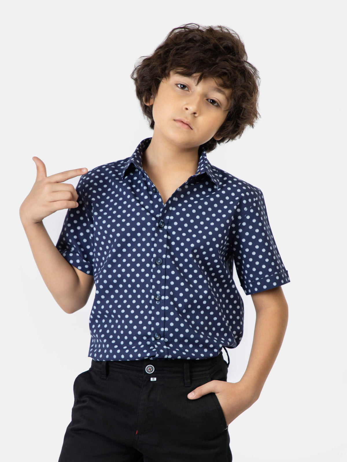 Navy Blue Printed Seersucked Short Sleeve Casual Shirt