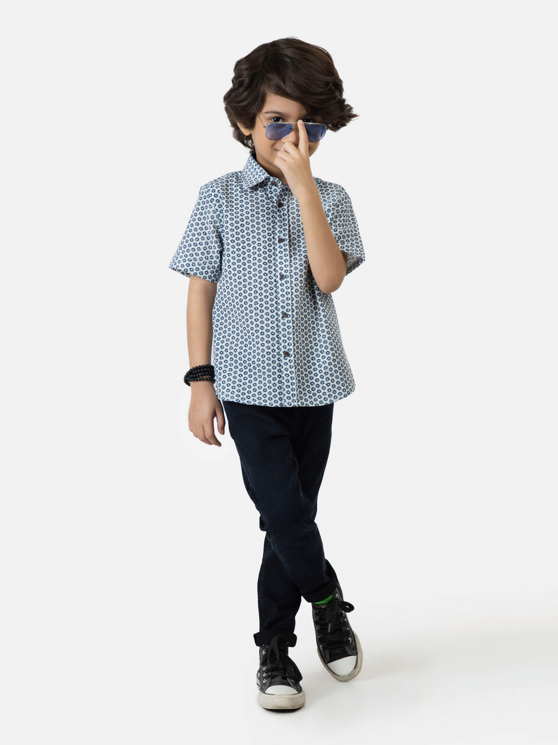 Navy Blue Printed Short Sleeve Casual Shirt