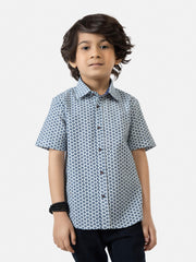 Navy Blue Printed Short Sleeve Casual Shirt