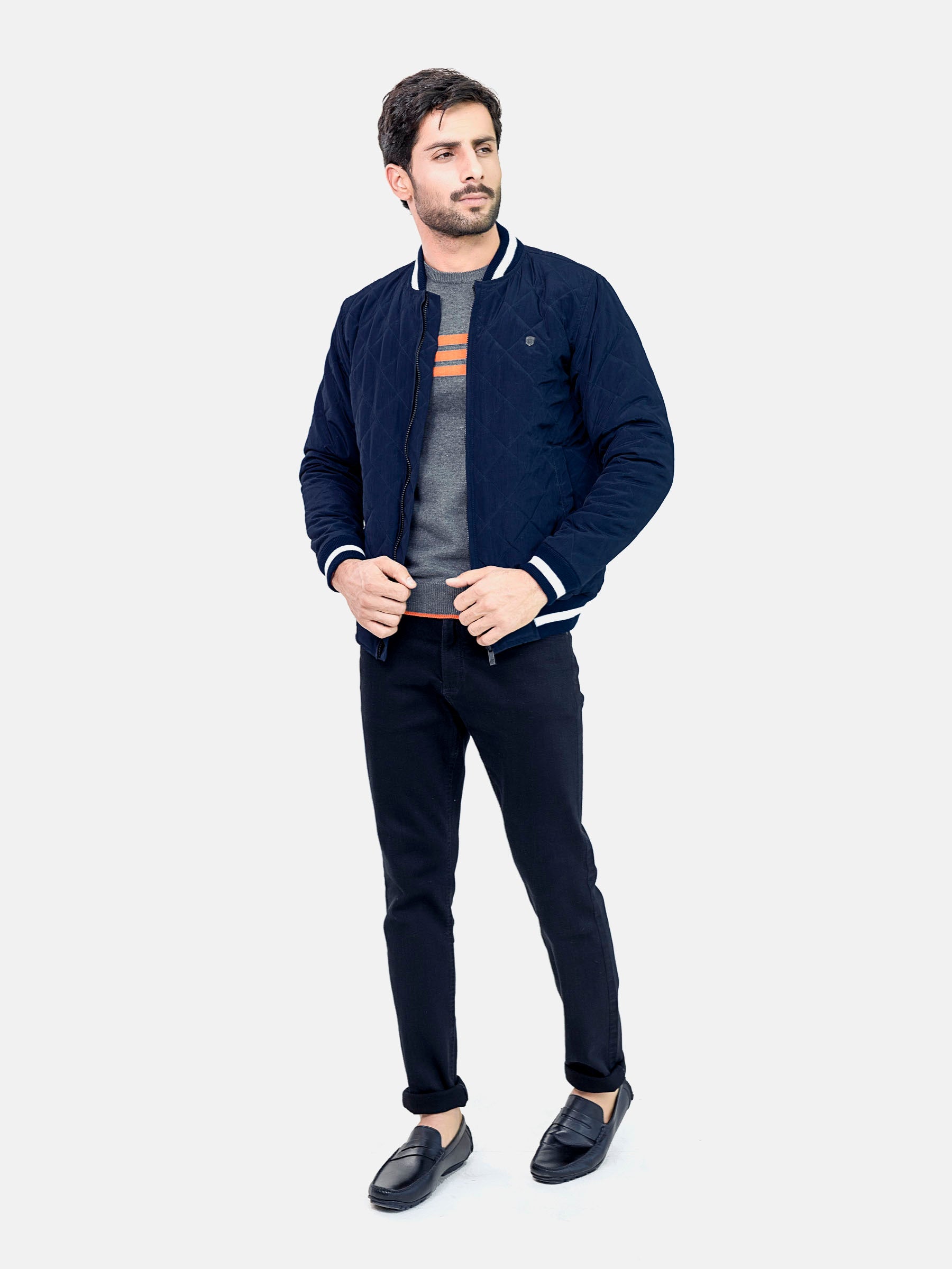 Navy Blue Quilted Sporty Bomber Jacket