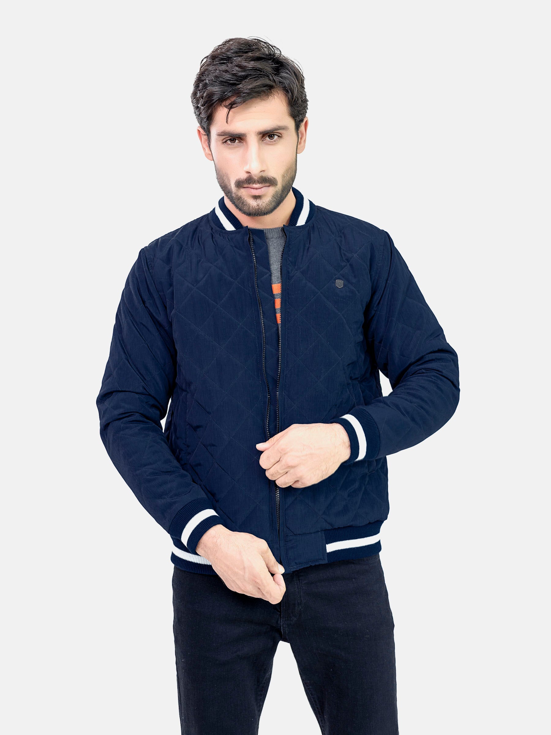 Navy Blue Quilted Sporty Bomber Jacket