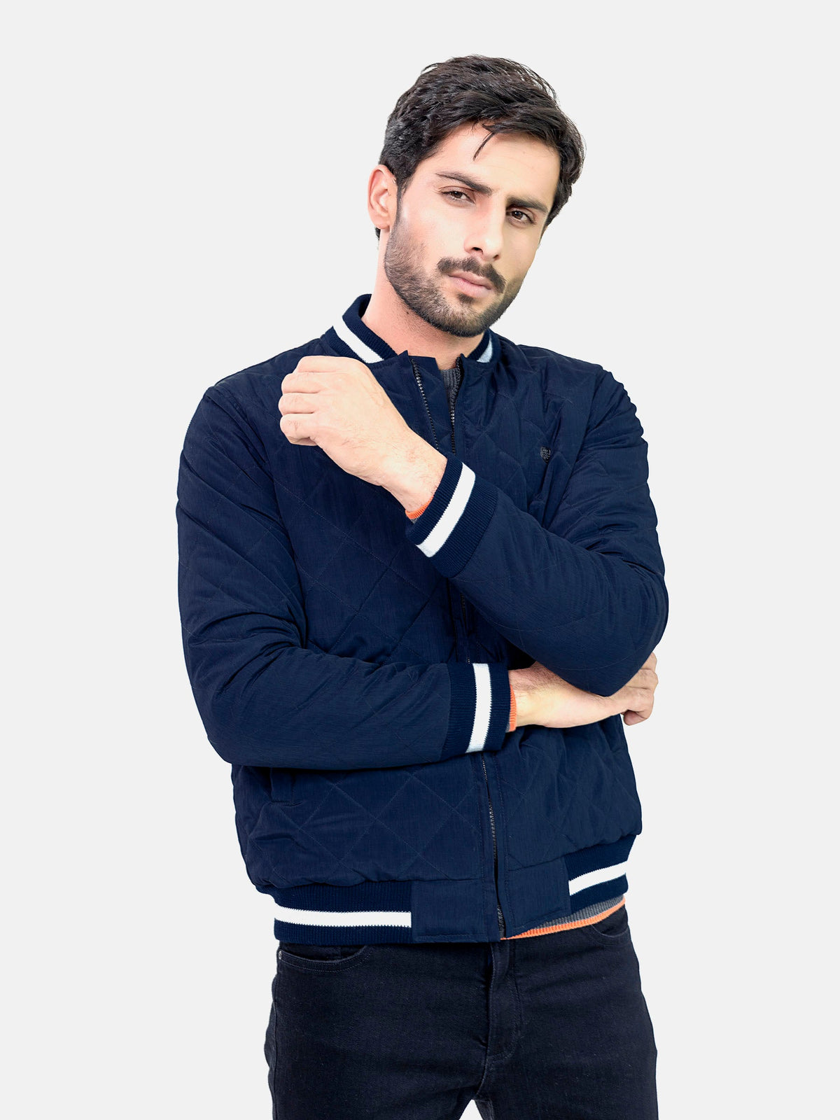Navy Blue Quilted Sporty Bomber Jacket