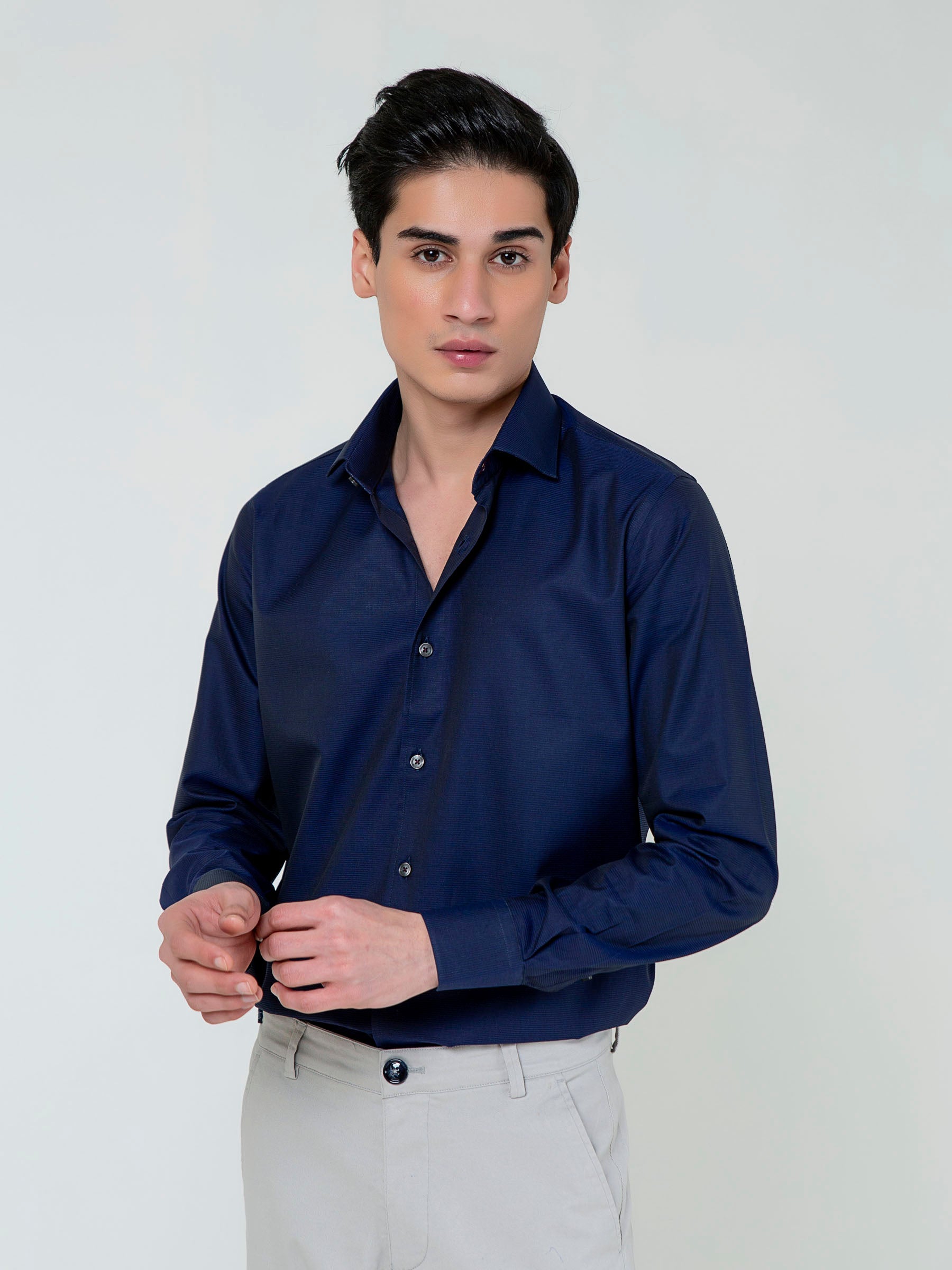 Navy Blue Self Striped Formal Shirt