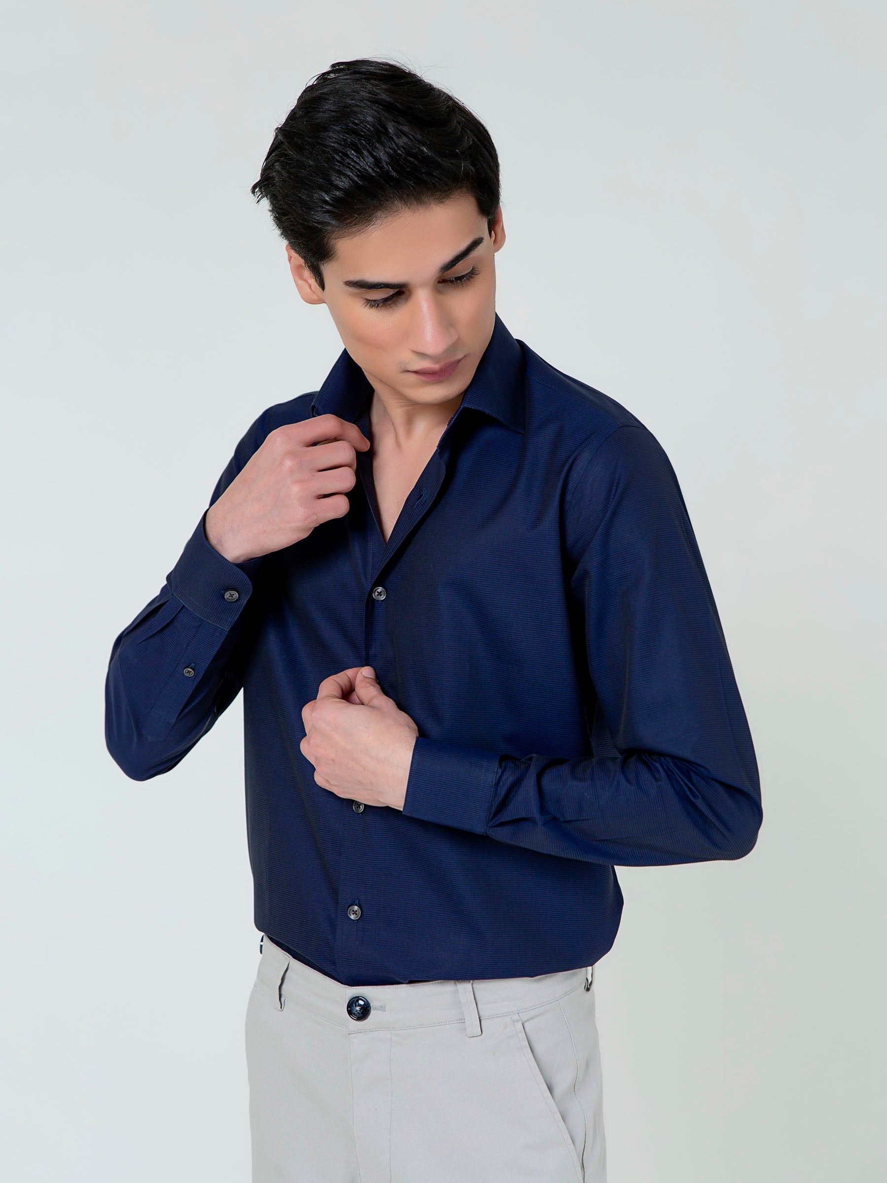 Navy Blue Self Striped Formal Shirt