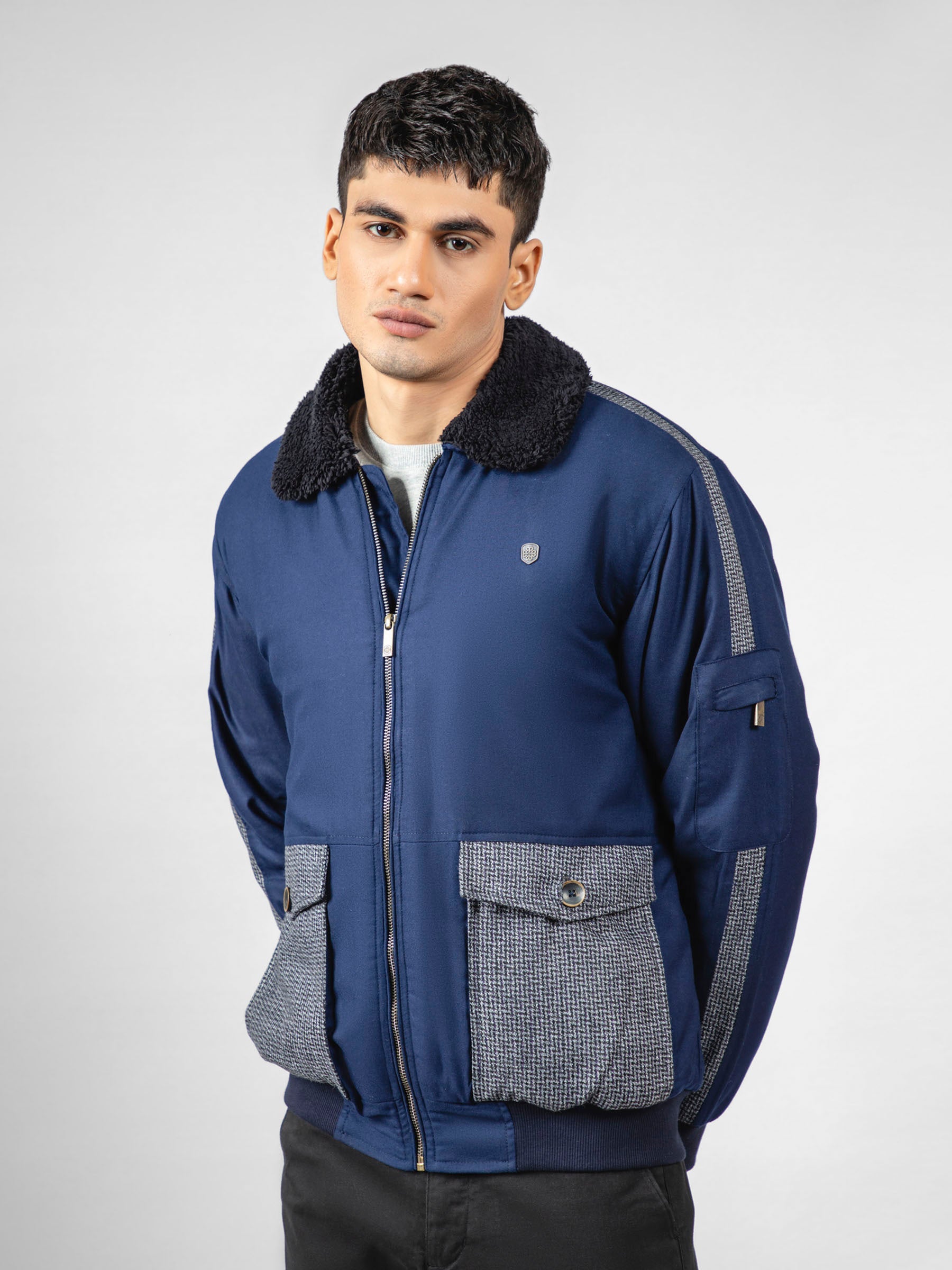 Navy Blue Sherpa Collar Aviator Jacket With Cashmere Pockets