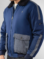 Navy Blue Sherpa Collar Aviator Jacket With Cashmere Pockets