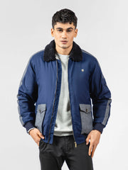 Navy Blue Sherpa Collar Aviator Jacket With Cashmere Pockets