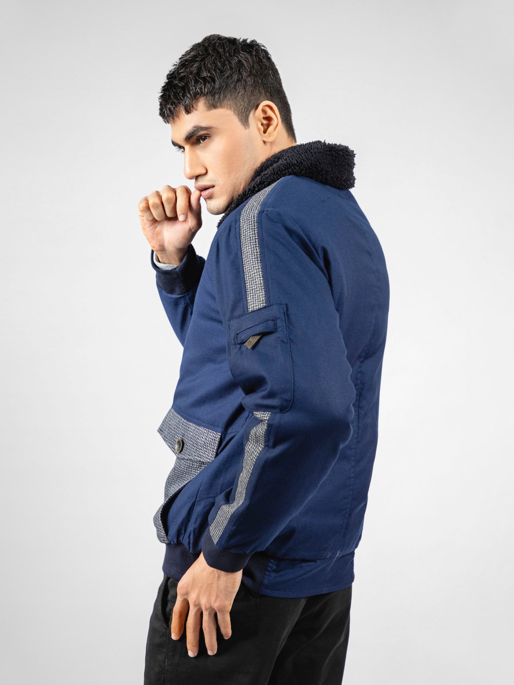 Navy Blue Sherpa Collar Aviator Jacket With Cashmere Pockets