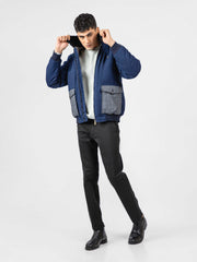 Navy Blue Sherpa Collar Aviator Jacket With Cashmere Pockets