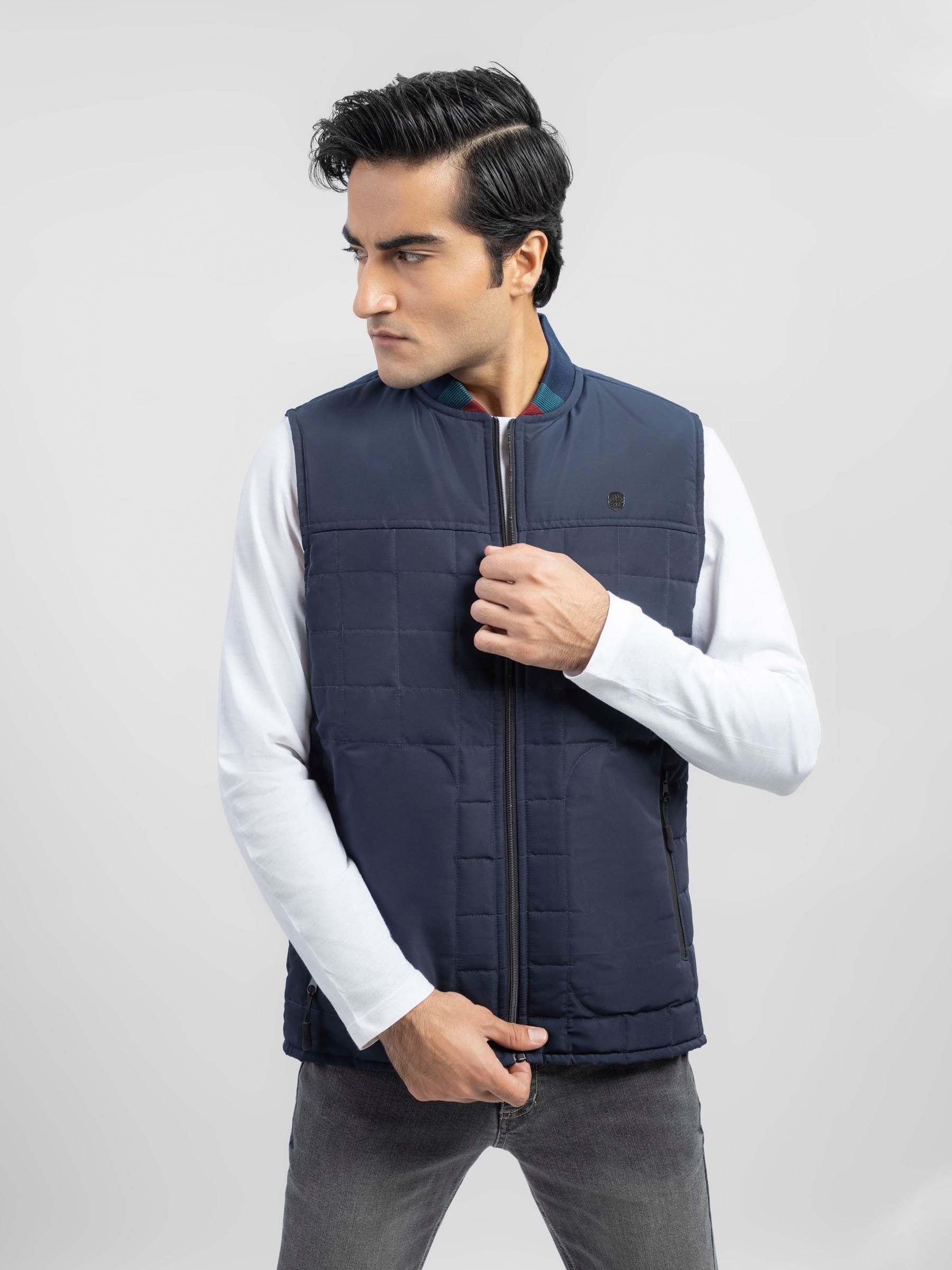 Navy Blue Sleeveless Quilted Vest With Sporty Baseball Collar