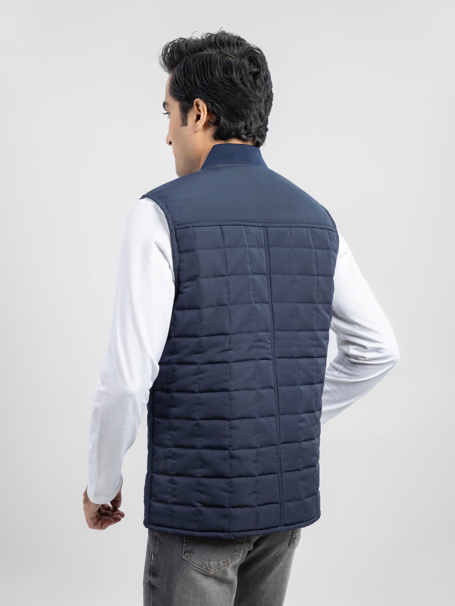 Navy Blue Sleeveless Quilted Vest With Sporty Baseball Collar