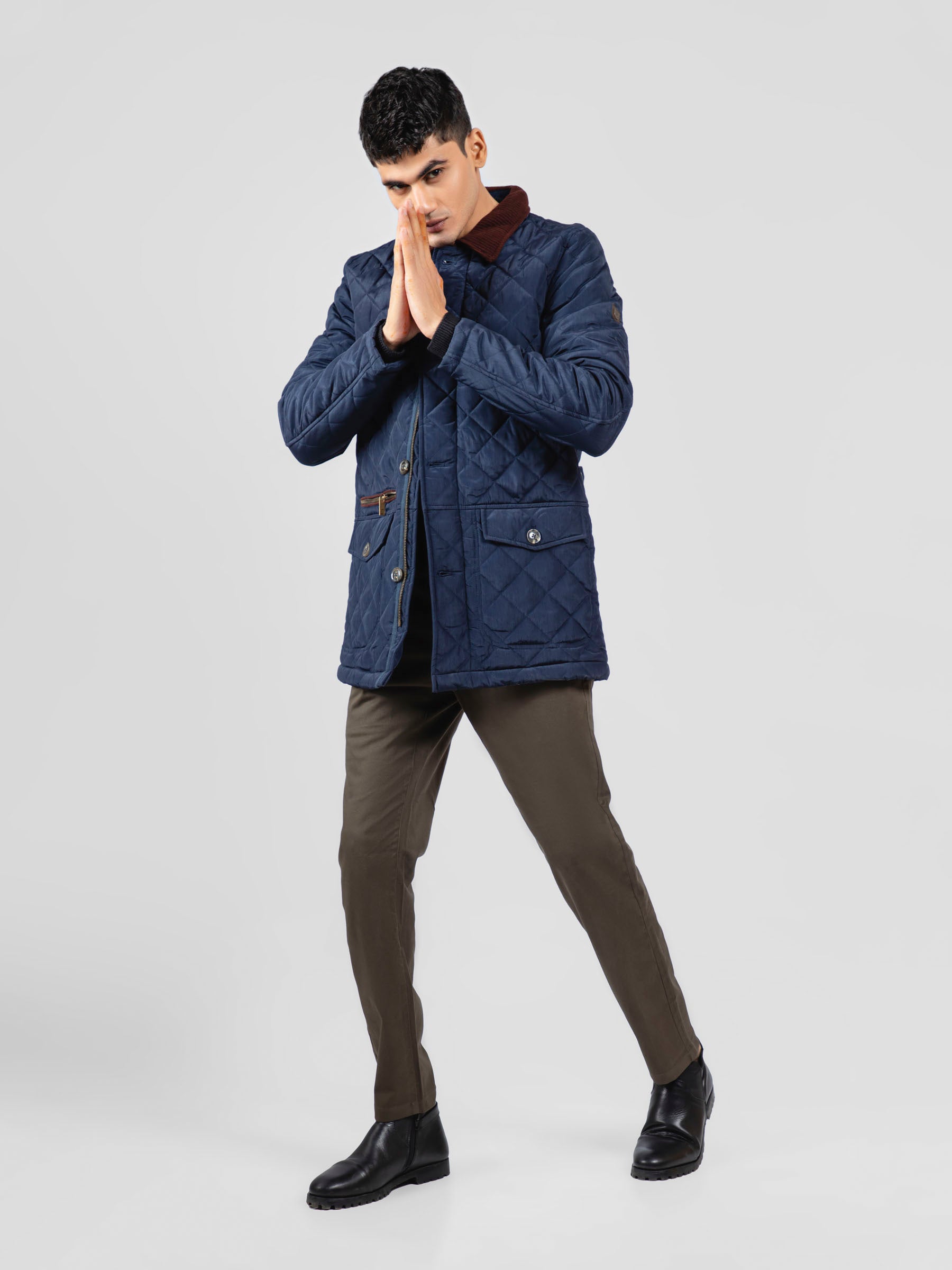 Navy Blue Sportsquilt Long Jacket With Collar