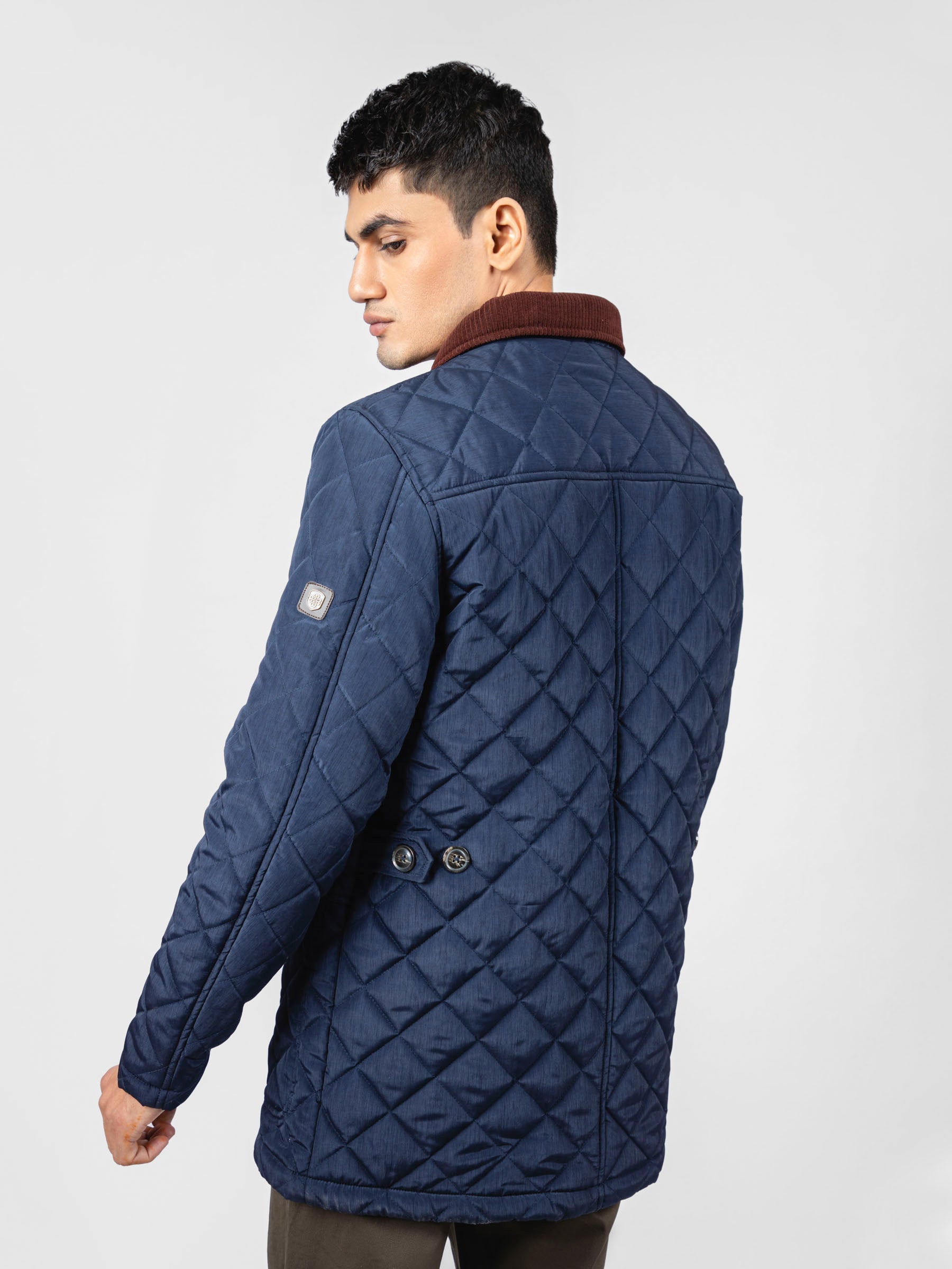Navy Blue Sportsquilt Long Jacket With Collar
