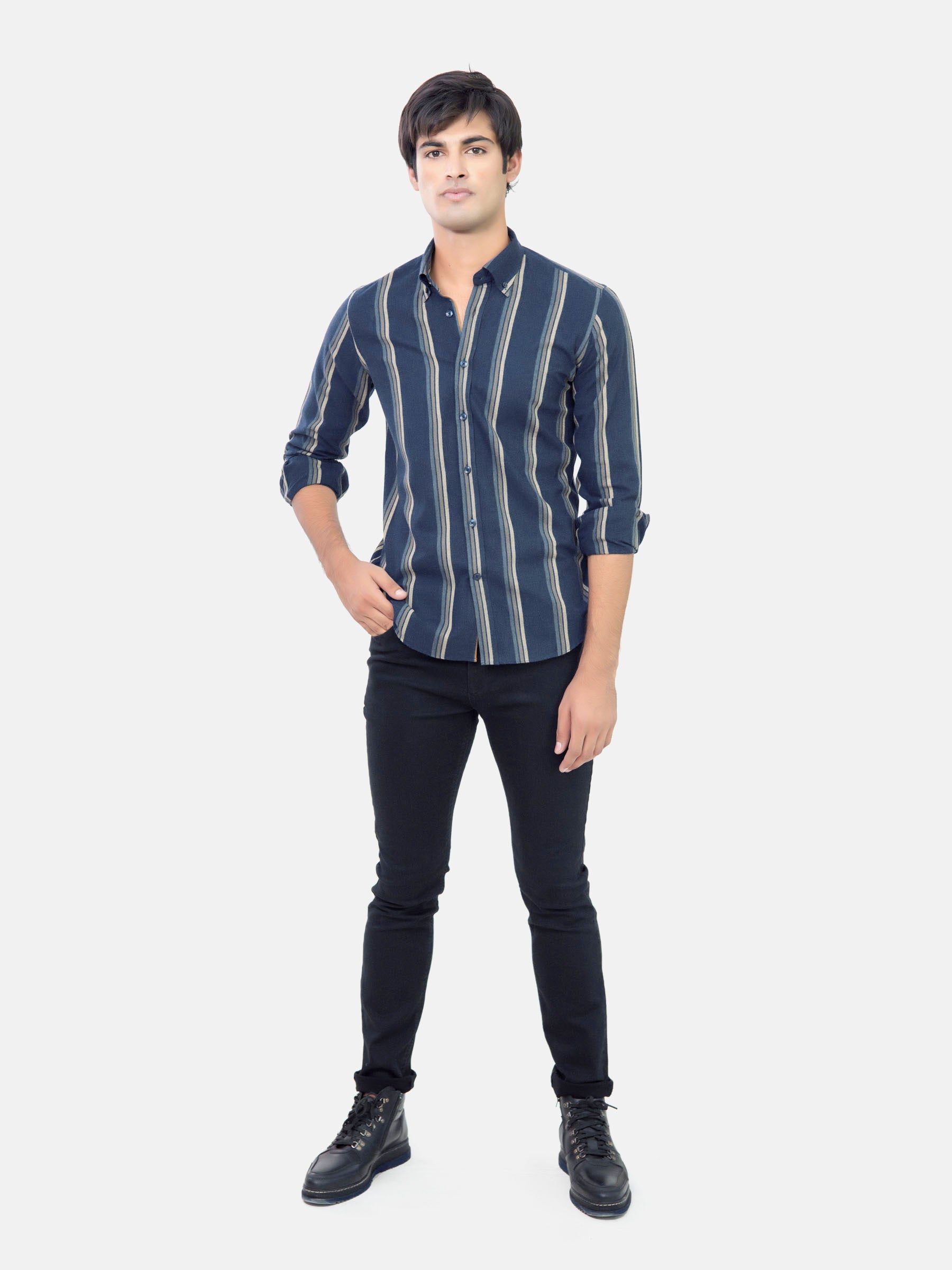 Navy Blue Striped Denim Shirt