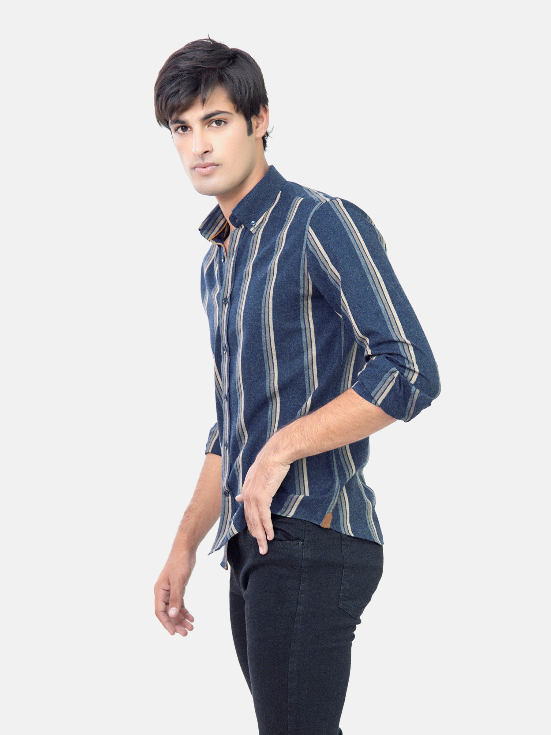 Navy Blue Striped Denim Shirt