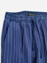 Navy Blue Striped Linen Blended Pajama Trouser - Women