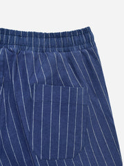 Navy Blue Striped Linen Blended Pajama Trouser - Women