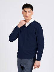 Navy Blue V-Neck Wool Blended Sweater