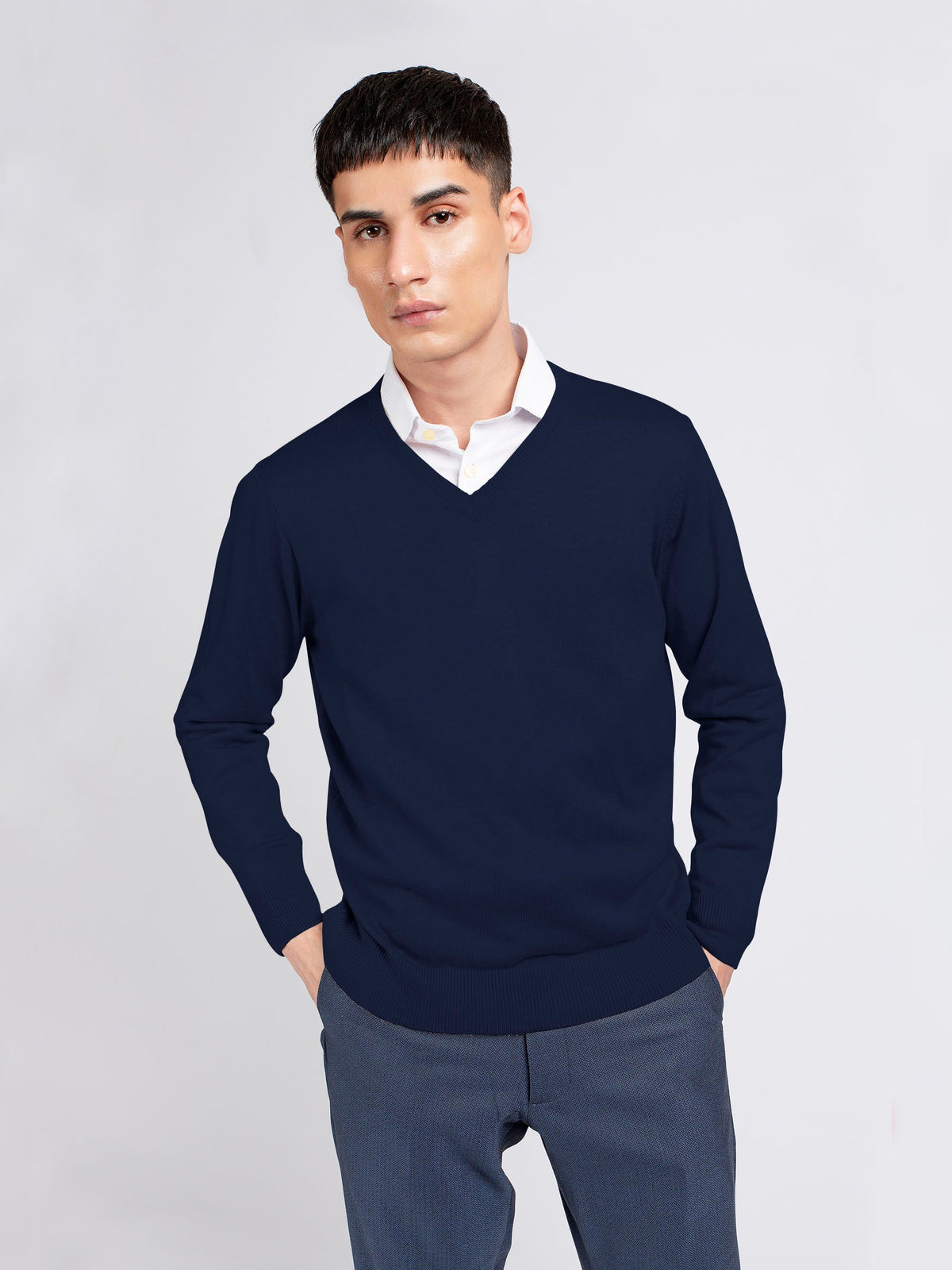 Navy Blue V-Neck Wool Blended Sweater