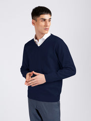 Navy Blue V-Neck Wool Blended Sweater