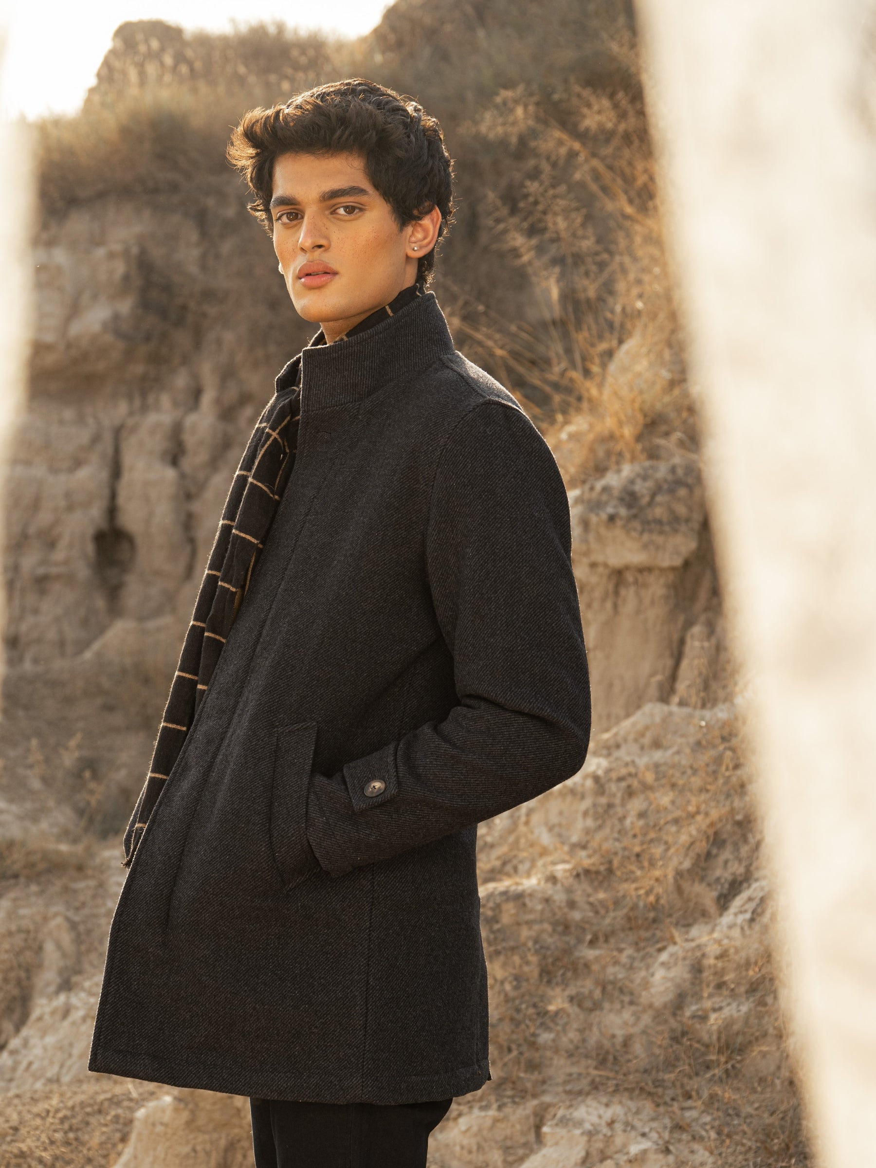 Navy Blue Wool Blended Long Coat - Limited Edition