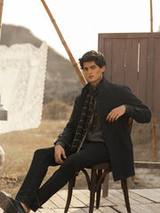 Navy Blue Wool Blended Long Coat - Limited Edition