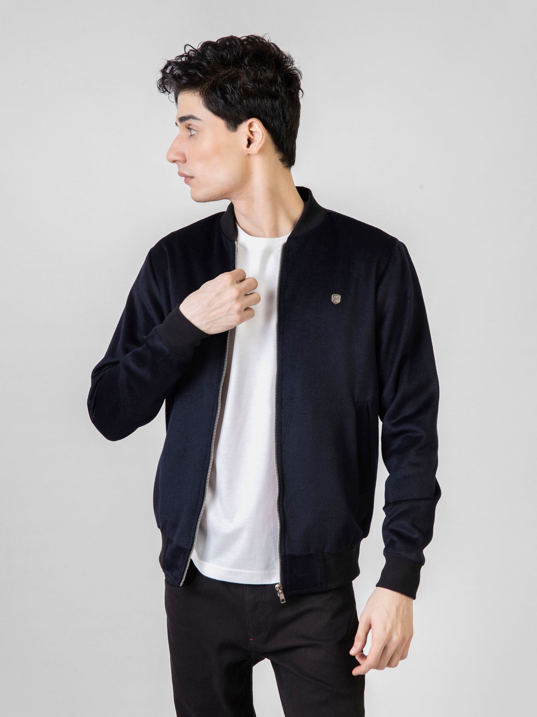 Navy Blue Wool Bomber Jacket