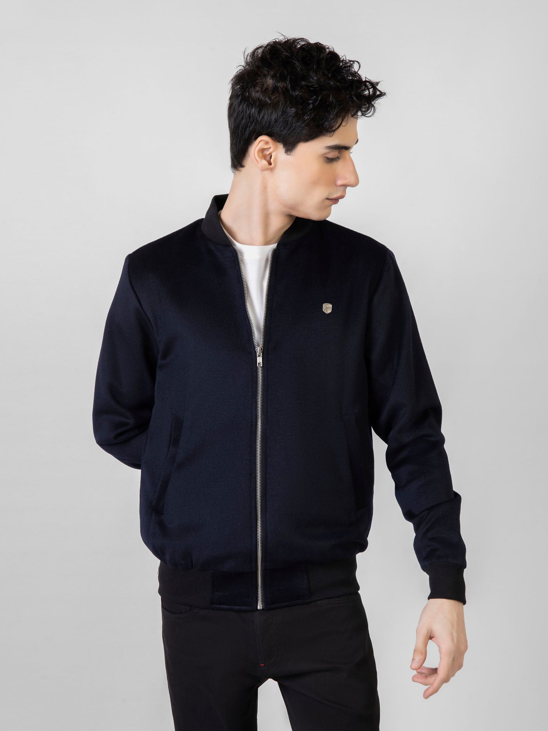 Navy Blue Wool Bomber Jacket