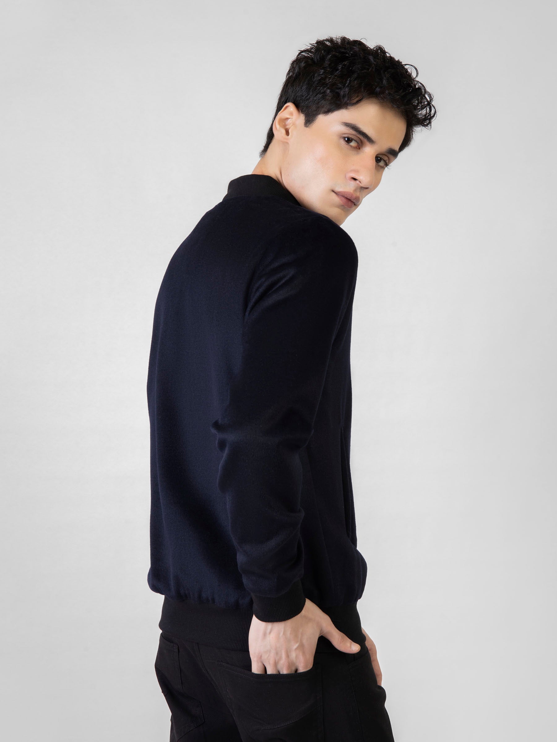 Navy Blue Wool Bomber Jacket