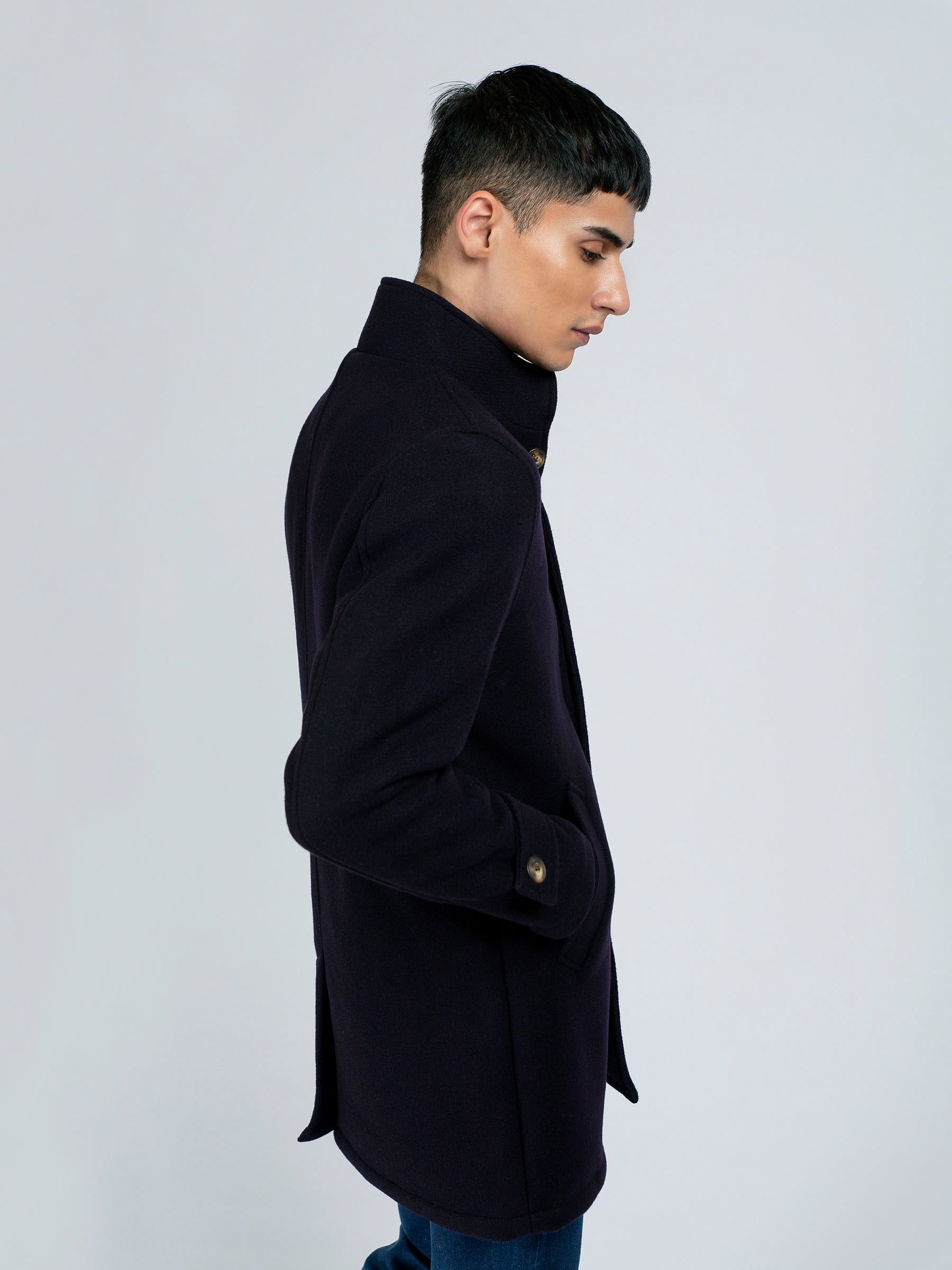 Navy Blue Wool Long Coat - Limited Edition