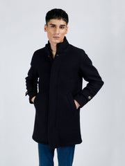 Navy Blue Wool Long Coat - Limited Edition